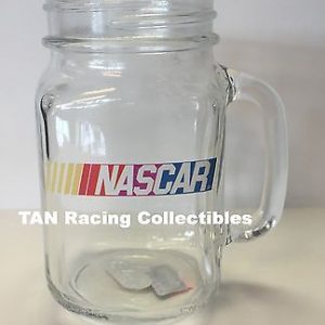 NASCAR Hunter Mfg 2015 Mason Jar Glass Mug 16oz on display, featuring sturdy handle and classic design, ideal for fans
