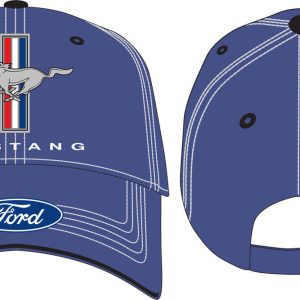 2019 Checkered Flag Sports Ford Mustang Blue Hat with velcro closure displayed on a wooden table