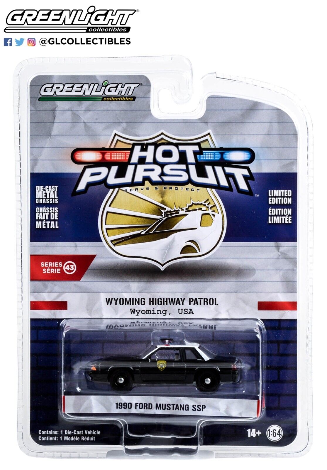 Greenlight 1/64 Hot Pursuit Series 43,1990 Ford Mustang SSP, Wyoming Hwy Patrol