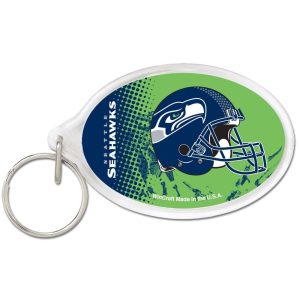 Seattle Seahawks Wincraft NFL acrylic helmet oval key ring with colorful graphics, lightweight, on a backpack