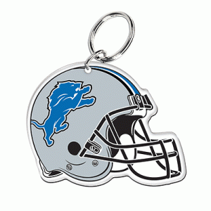 Detroit Lions Wincraft NFL Acrylic Helmet Key Ring with colorful graphics, lightweight design, attached to backpack