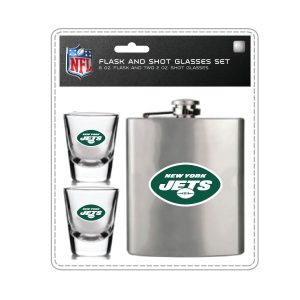 New York Jets NFL 6oz Metal Flask and 2-2oz Shot Glass Set