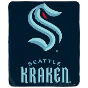 Seattle Kraken NHL Winning Image 50x60 Throw Blanket by Wincraft, featuring team logo and colors, displayed on a bed