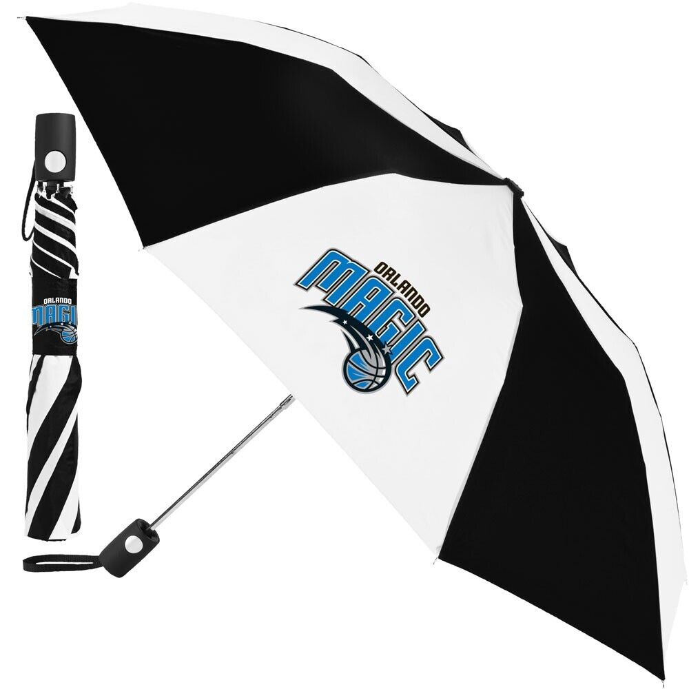 Orlando Magic NBA Wincraft 42" Auto Folding Umbrella. Umbrella is approx. 15" When folded. Steel frame and shaft. Push Button Auto Open. Officially Licensed.
