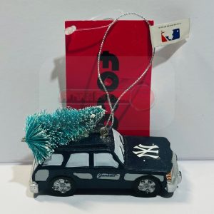 New York Yankees FOCO MLB Holiday Team Ornament hanging on a Christmas tree, featuring team logo and colors