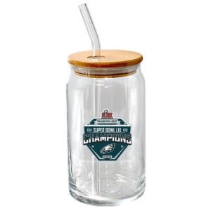 Philadelphia Eagles 2024 Super Bowl LIX Champs 16oz Glass Tumbler & Bamboo Lid