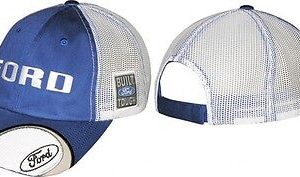 2016 Checkered Flag Sports Ford Built Ford Tough blue and white hat with velcro closure on display