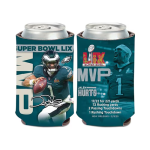 Jalen Hurts MVP Philadelphia Eagles NFL Super Bowl LIX Champions neoprene 12oz Can Coolie, officially licensed, showing both sides.