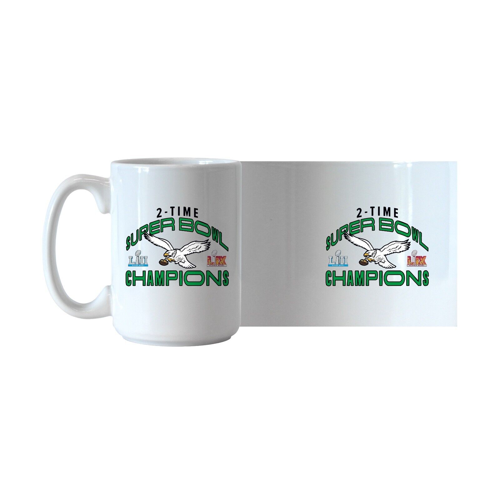 Philadelphia Eagles 2024 Logo Brands Kelly Green Retro Super Bowl LIX Champions 15oz Mug with black inner and handle