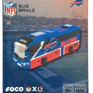 Buffalo Bills FOCO NFL BRXLZ Bus team-colored construction toy bus with logo and wordmark decals, assembled view