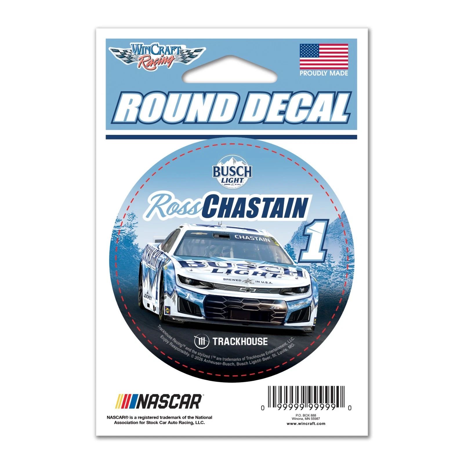 Ross Chastain 2026 Wincraft #1 Busch Light/Trackhouse Racing Round Decal 3"