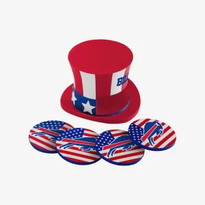 Buffalo Bills FOCO Americana Resin Coaster Set with four patriotic NFL coasters and holder for tabletop display
