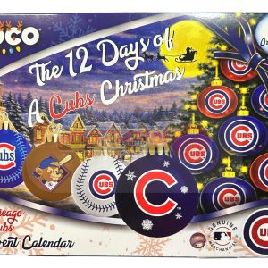 Chicago Cubs FOCO MLB Ball Ornament Advent Calendar 2026 box with 12 team-colored holiday ornaments for Christmas tree
