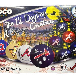 Atlanta Braves FOCO MLB Ball Ornament Advent Calendar 2026 with 12 team ornaments in printed holiday countdown box